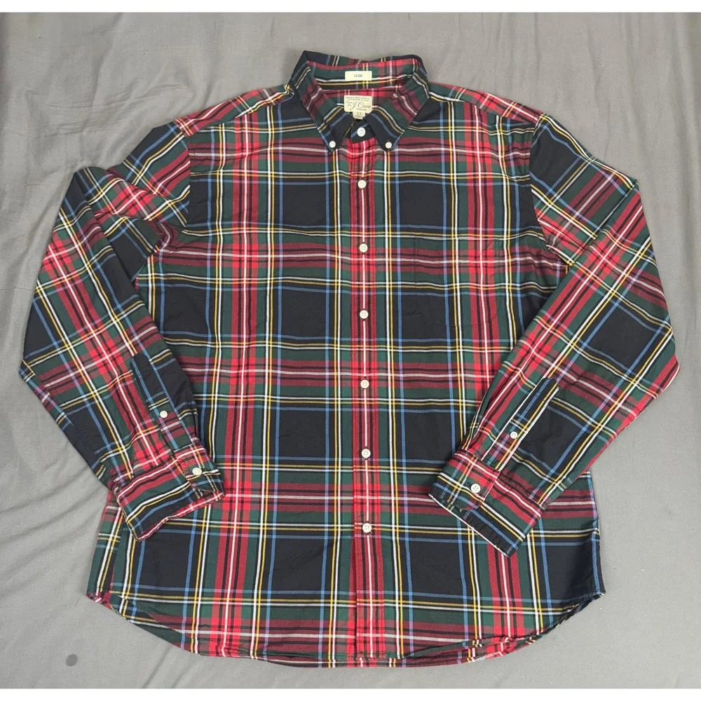 J. Crew Mens XL Slim Secret Wash Organic Cotton Stretch Plaid Button Down Shirt